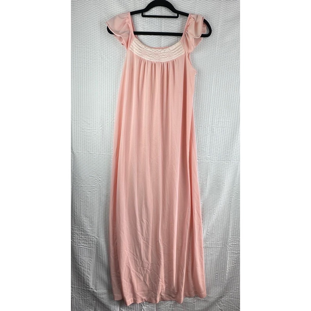 Vintage Peach Nightgown Women S/M Embroidered Flutter‎ Sleeve